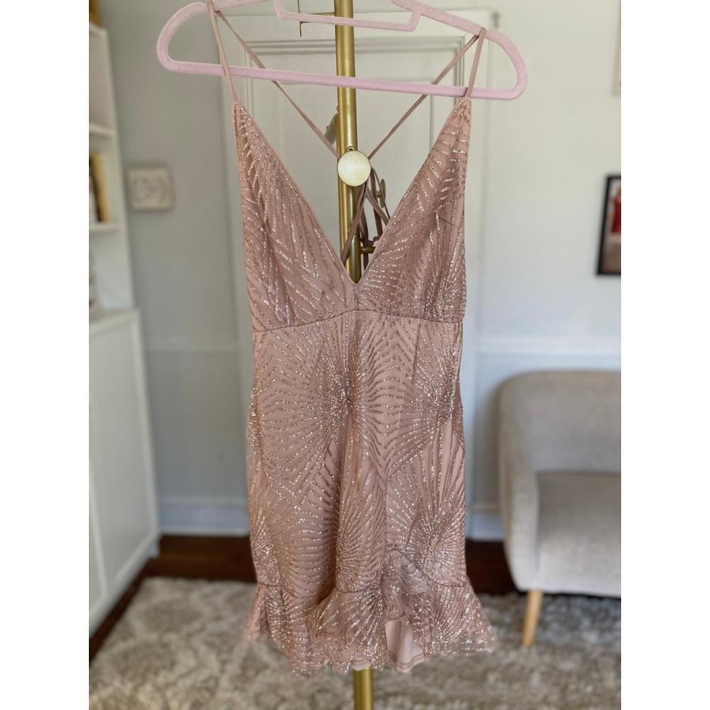 Hello Molly Bronze Sequin Mini Dress Glam Wedding Cocktail Party Luxe Blush Boho - Picture 2 of 11